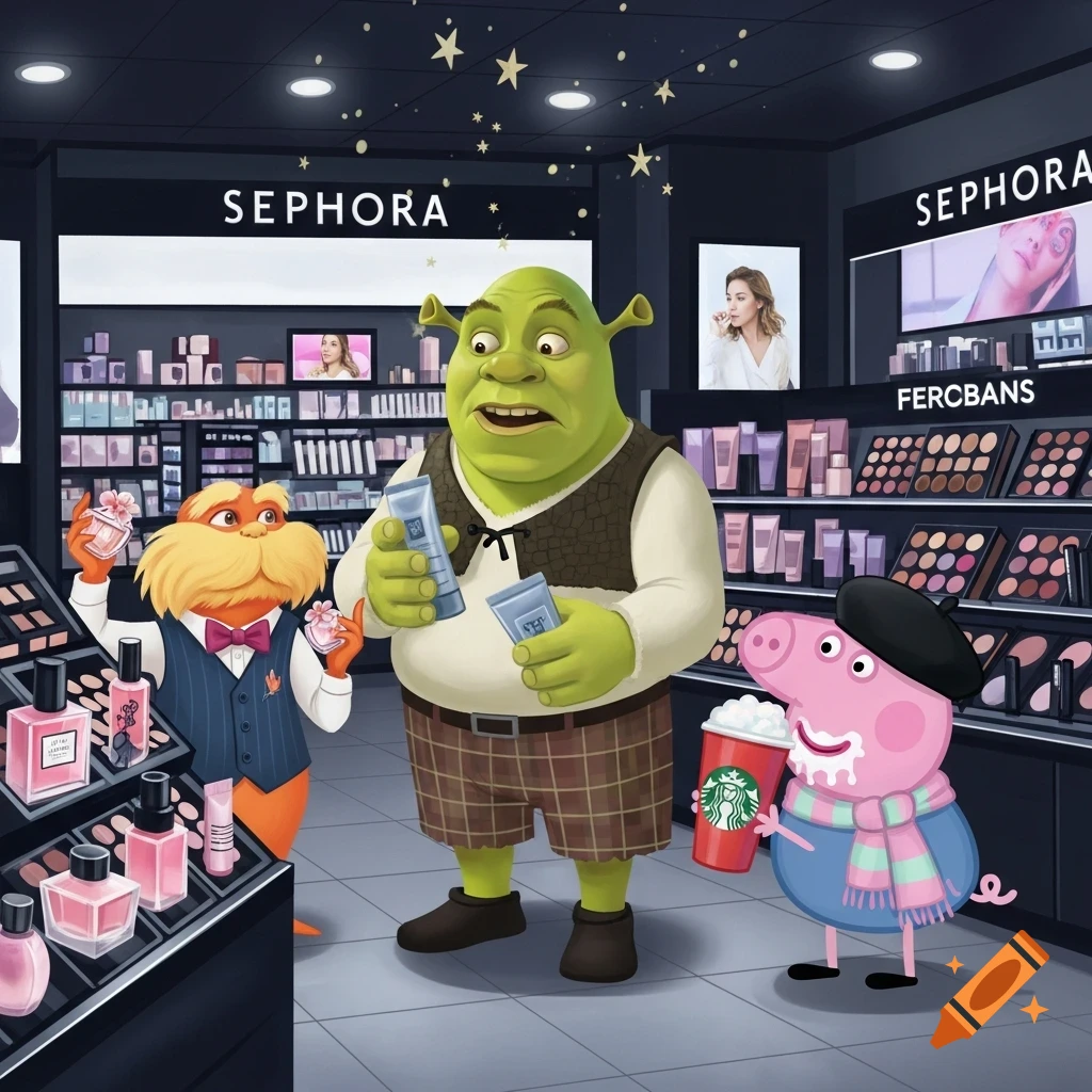 Shrek, the Lorax, and Peppa Pig in a Sephora store, looking at makeup and skincare products. Peppa Pig holds a Starbucks cup.