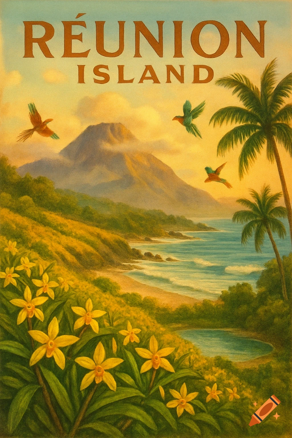A vintage-style travel poster for Réunion Island, featuring a vibrant tropical landscape with a mountain, beach, ocean, palm trees, birds, and yellow flowers.