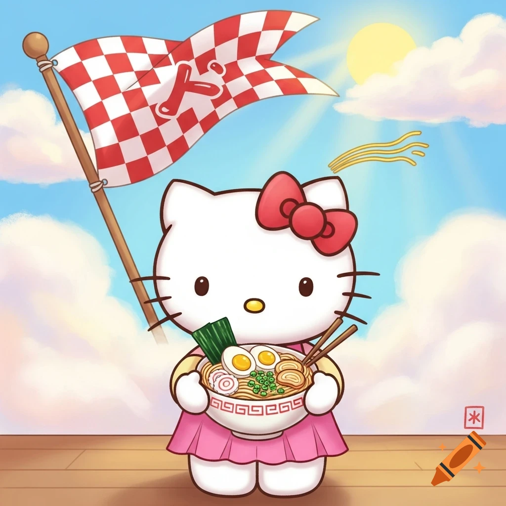 Hello Kitty in a pink dress holding a large bowl of ramen noodles, with a red and white checkered flag waving under a sunny, cloudy sky.