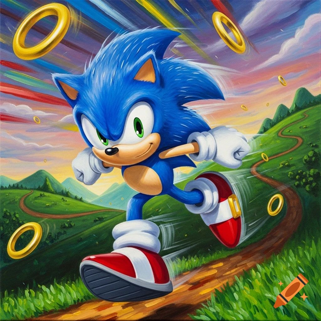 Sonic the Hedgehog runs through a green, hilly landscape with golden rings and a colorful sky in an oil painting style.