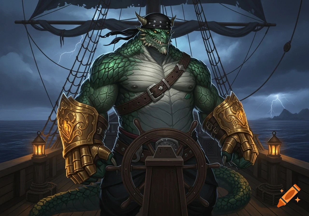 A muscular green dragon pirate wearing a black bandana and golden gauntlets stands at the helm of a ship during a stormy night with lightning.
