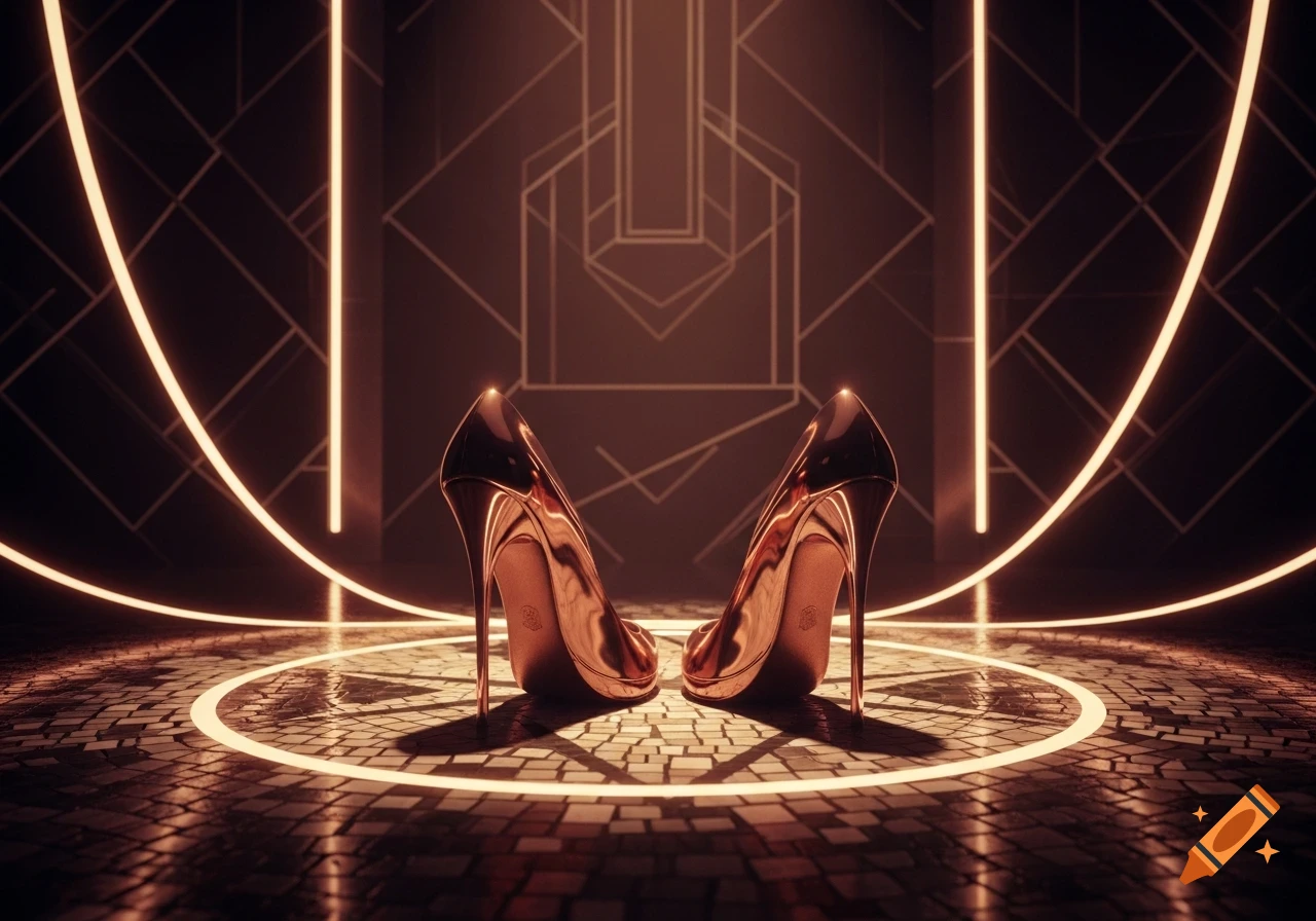 Two metallic high heels on a tiled floor with glowing Art Deco neon lines.