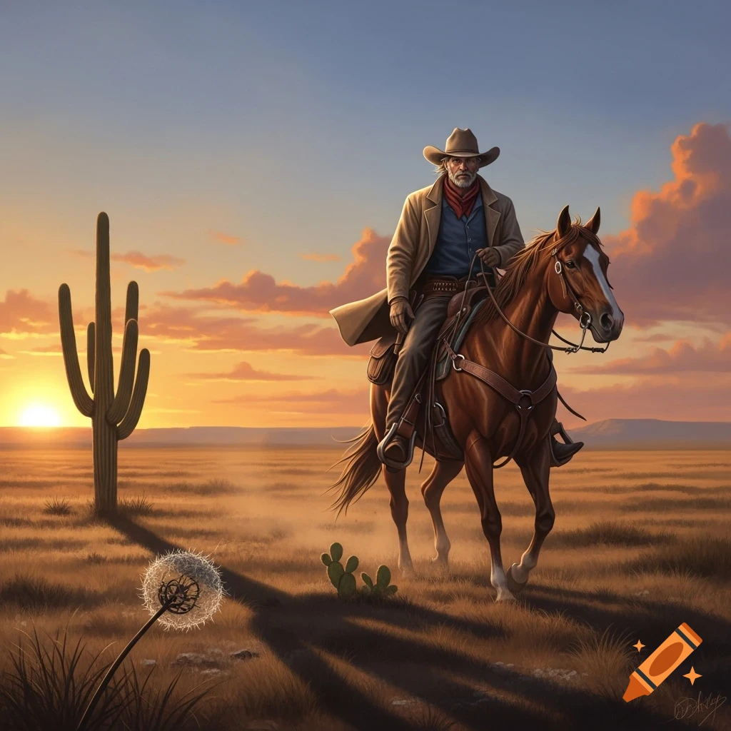 Photorealistic painting of a cowboy on horseback in a desert with a saguaro cactus at sunset.