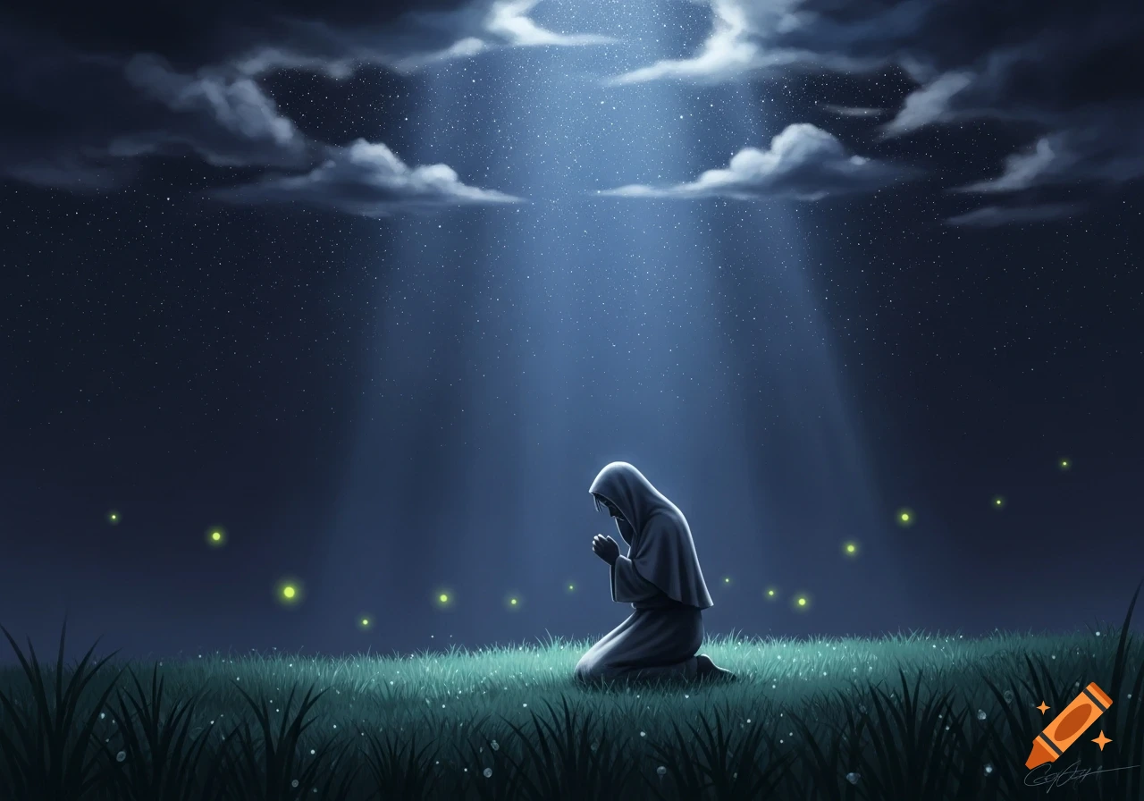A hooded figure kneels in a grassy field under a starry night sky with light rays and glowing fireflies. Digital art.