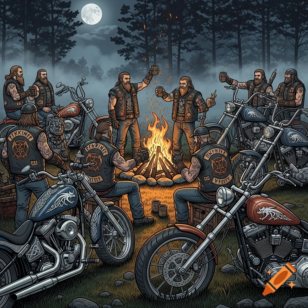 Stylized illustration of bearded bikers in vests gathered around a campfire at night, with motorcycles parked nearby under a full moon.