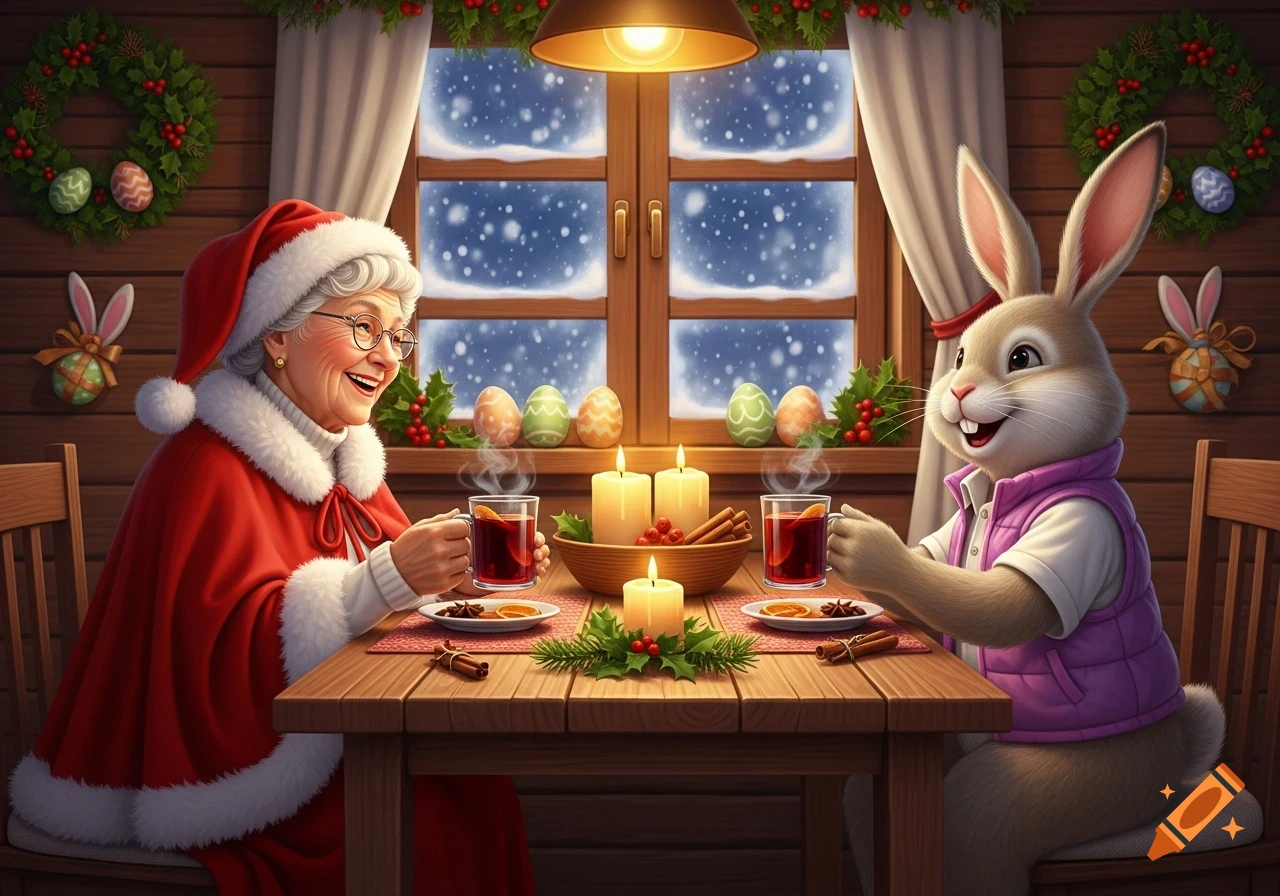 A smiling old woman in a Santa hat and an Easter bunny share drinks at a festive table in a cozy, snow-covered cabin decorated for holidays.