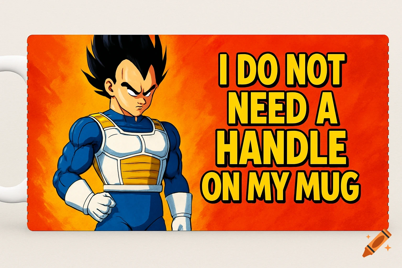 Anime-style depiction of Vegeta from Dragon Ball in blue and white armor on a mug with the text "I DO NOT NEED A HANDLE ON MY MUG".
