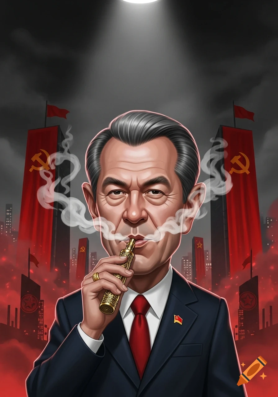 Stylized illustration of a serious man in a suit vaping a golden device, against an ominous cityscape with communist symbols.