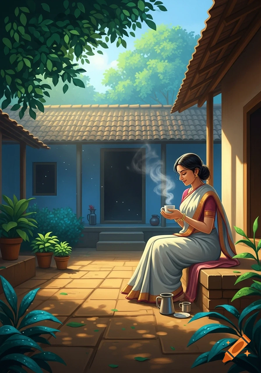 A woman in a saree sips steaming tea in a sunlit, traditional Indian courtyard, surrounded by lush greenery in a vibrant illustration.