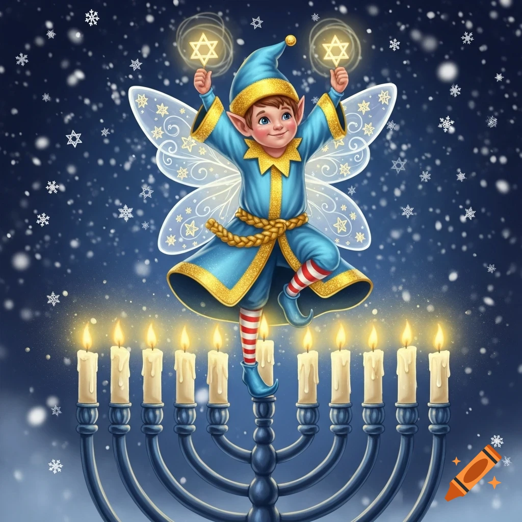 A cheerful winged Hanukkah elf in blue and gold hovers over a lit menorah, holding glowing Stars of David, as snowflakes fall.
