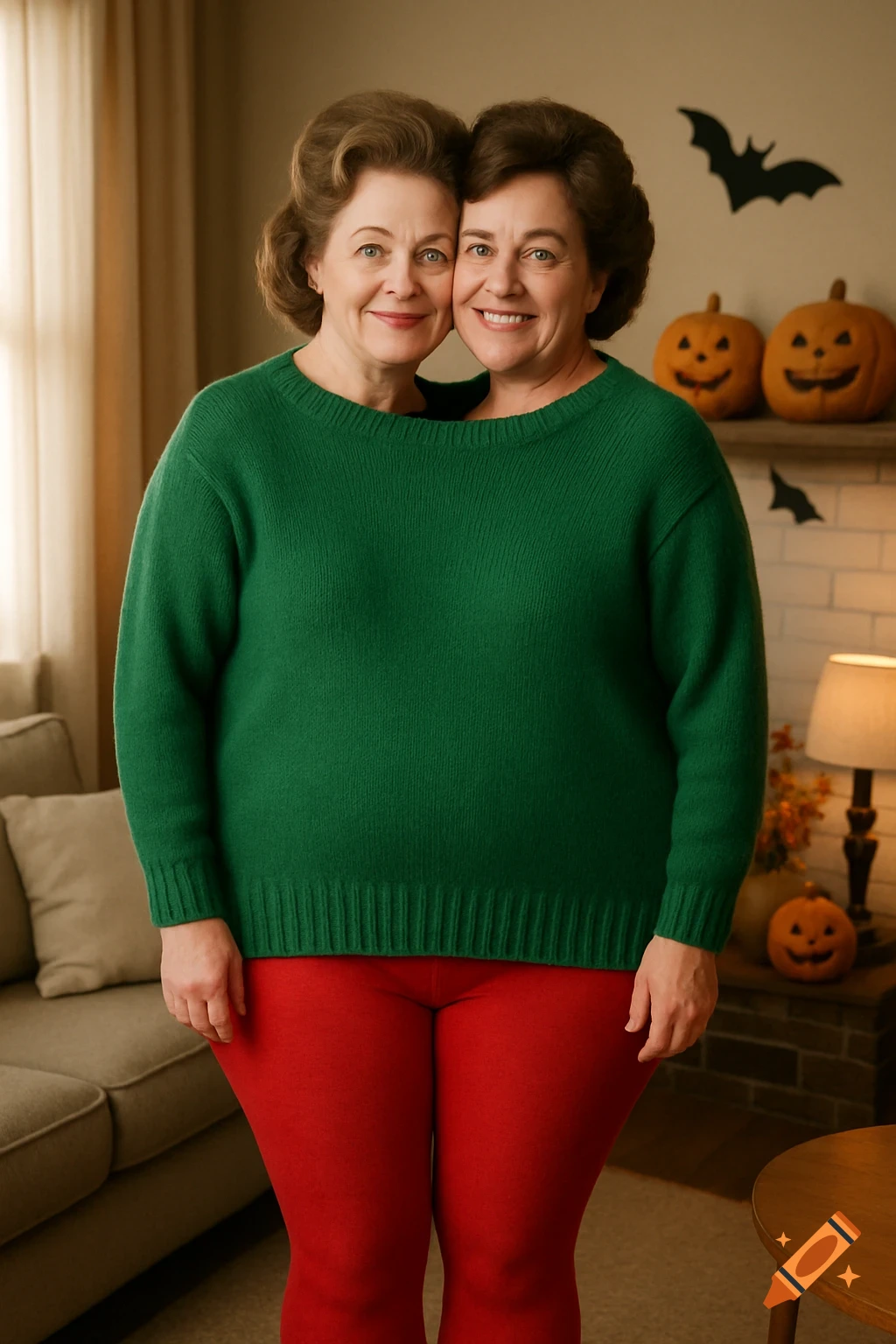 Two smiling women in a large green sweater and red tights create a conjoined illusion in a room with Halloween decorations.