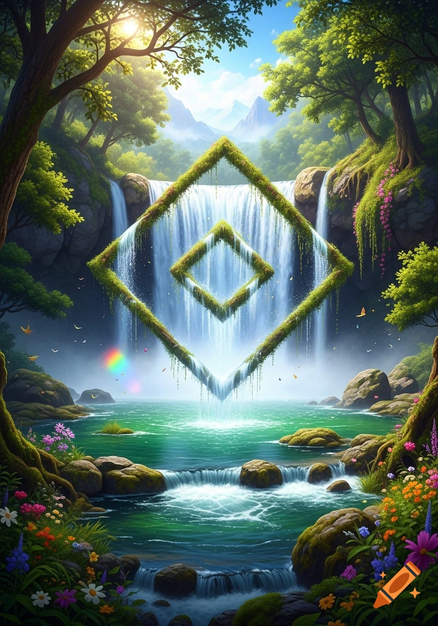 Lush fantasy landscape with waterfalls flowing through moss-covered geometric frames into a turquoise river, surrounded by vibrant trees and mountains under a bright sky.