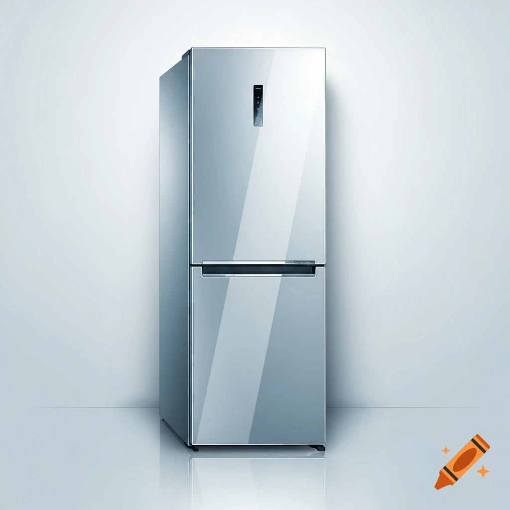 A modern, monochromatic silver refrigerator with a sleek design stands against a light blue wall, reflecting on the floor.