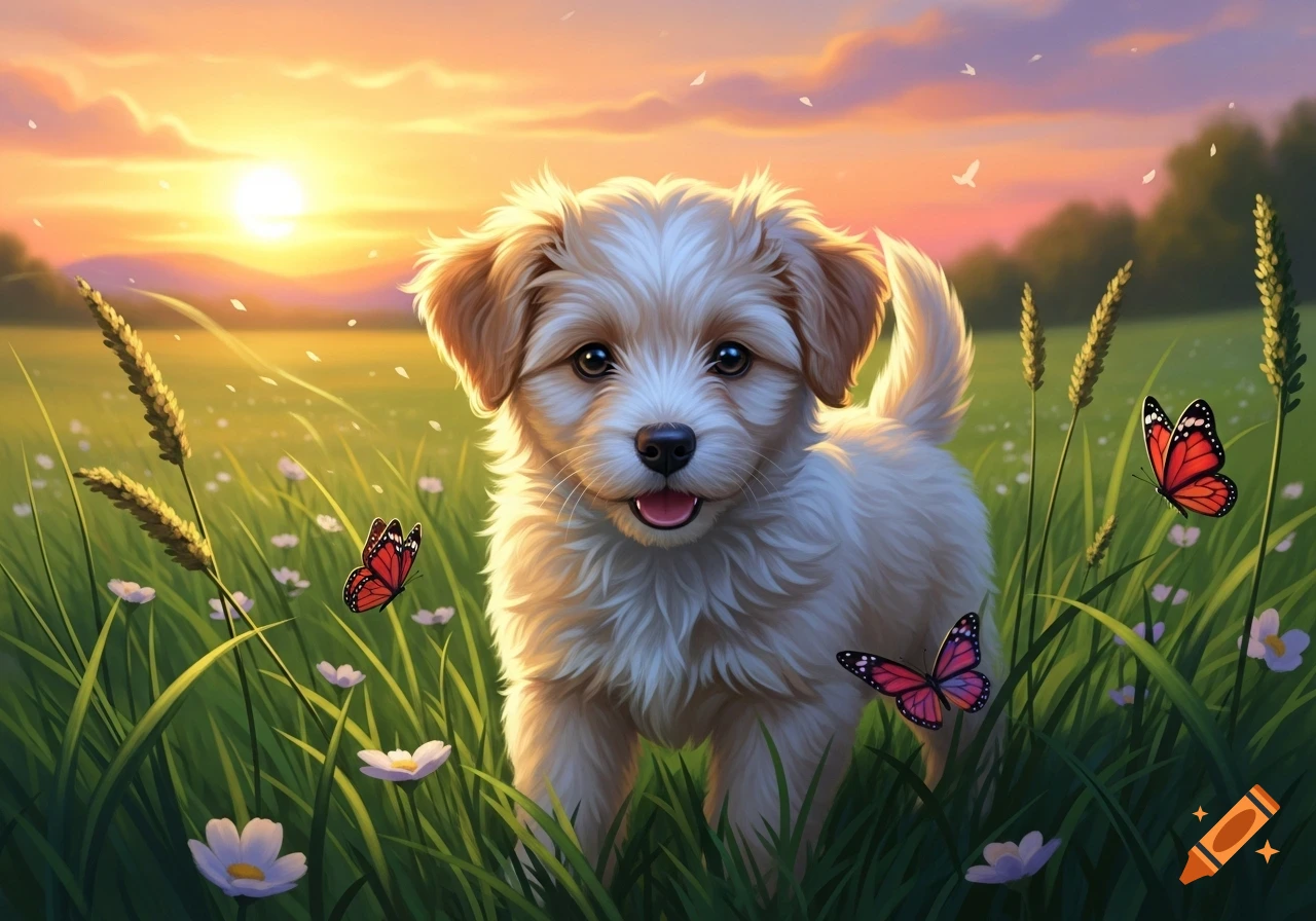 A fluffy puppy stands in a vibrant green field with white flowers and red butterflies at sunset.