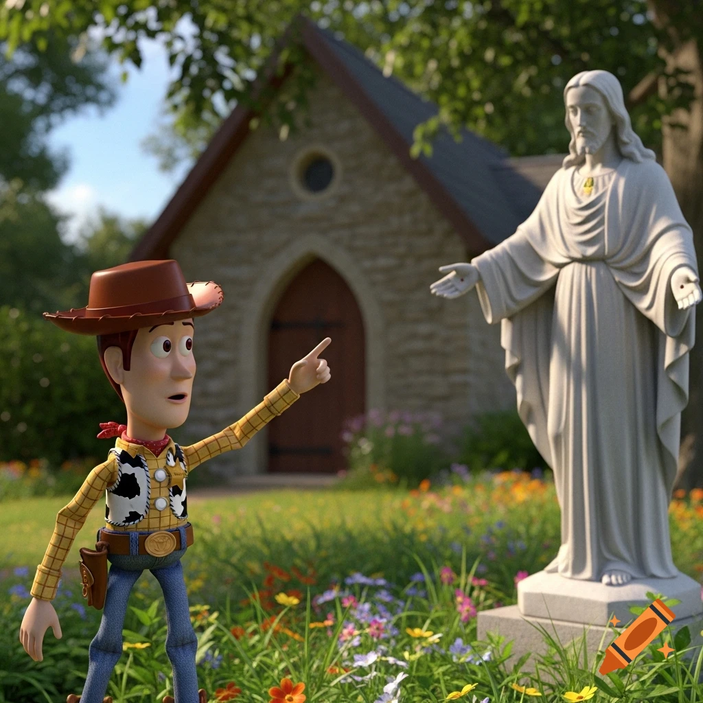 Woody from Toy Story points at a white statue of Jesus Christ outside a small stone chapel in a vibrant garden.
