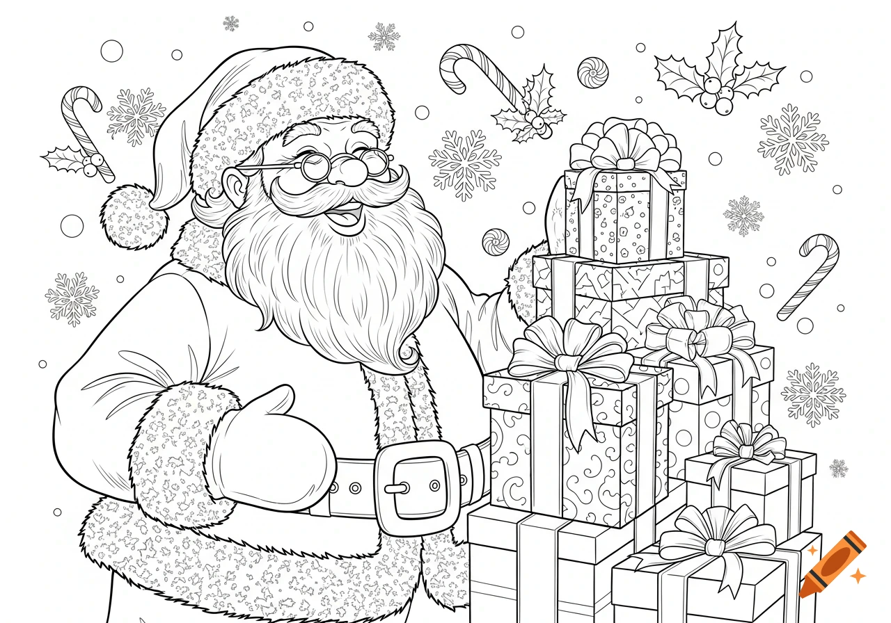 Black and white coloring page of Santa Claus smiling next to a stack of Christmas gifts, with snowflakes and candy canes.