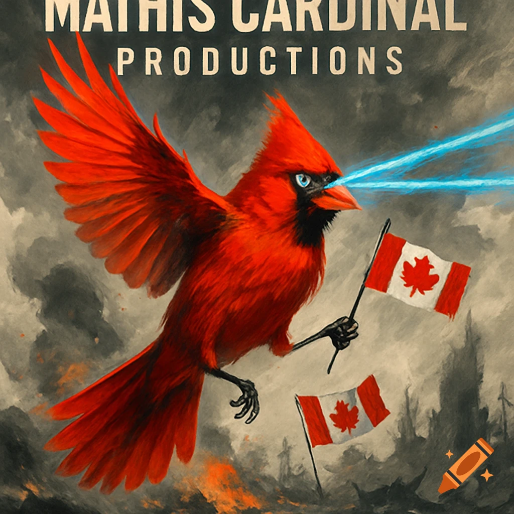 A powerful red cardinal with glowing blue laser eyes flies over a warzone, holding two Canadian flags.