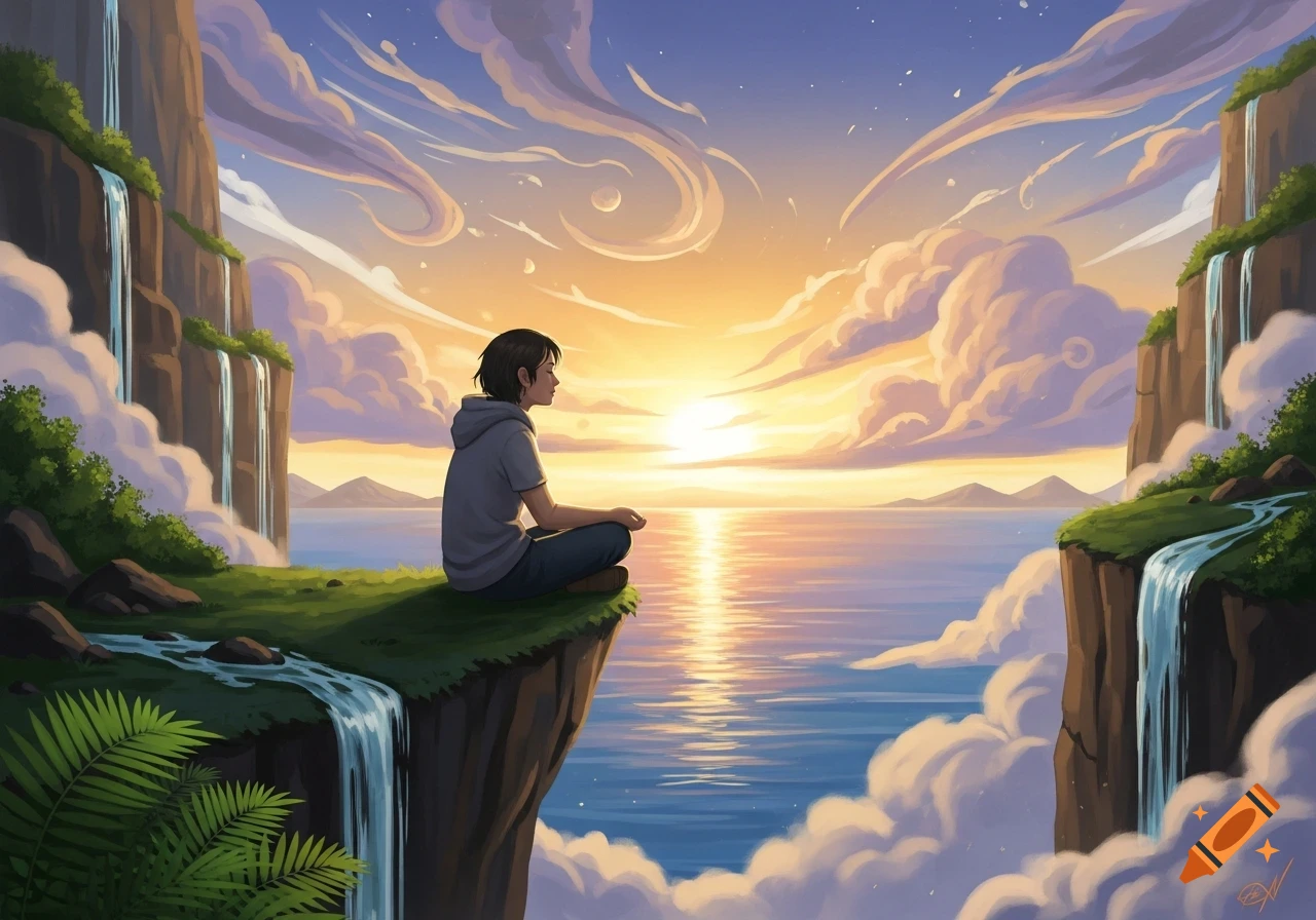 A person meditates on a grassy cliff edge at sunset, overlooking an ocean with waterfalls flowing down towering cliffs in an animated art style.
