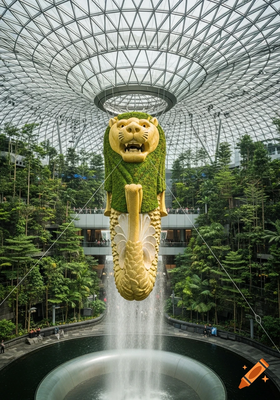 A large golden Merlion statue with a mossy mane is suspended over an indoor waterfall in a modern airport with a glass dome and lush trees.
