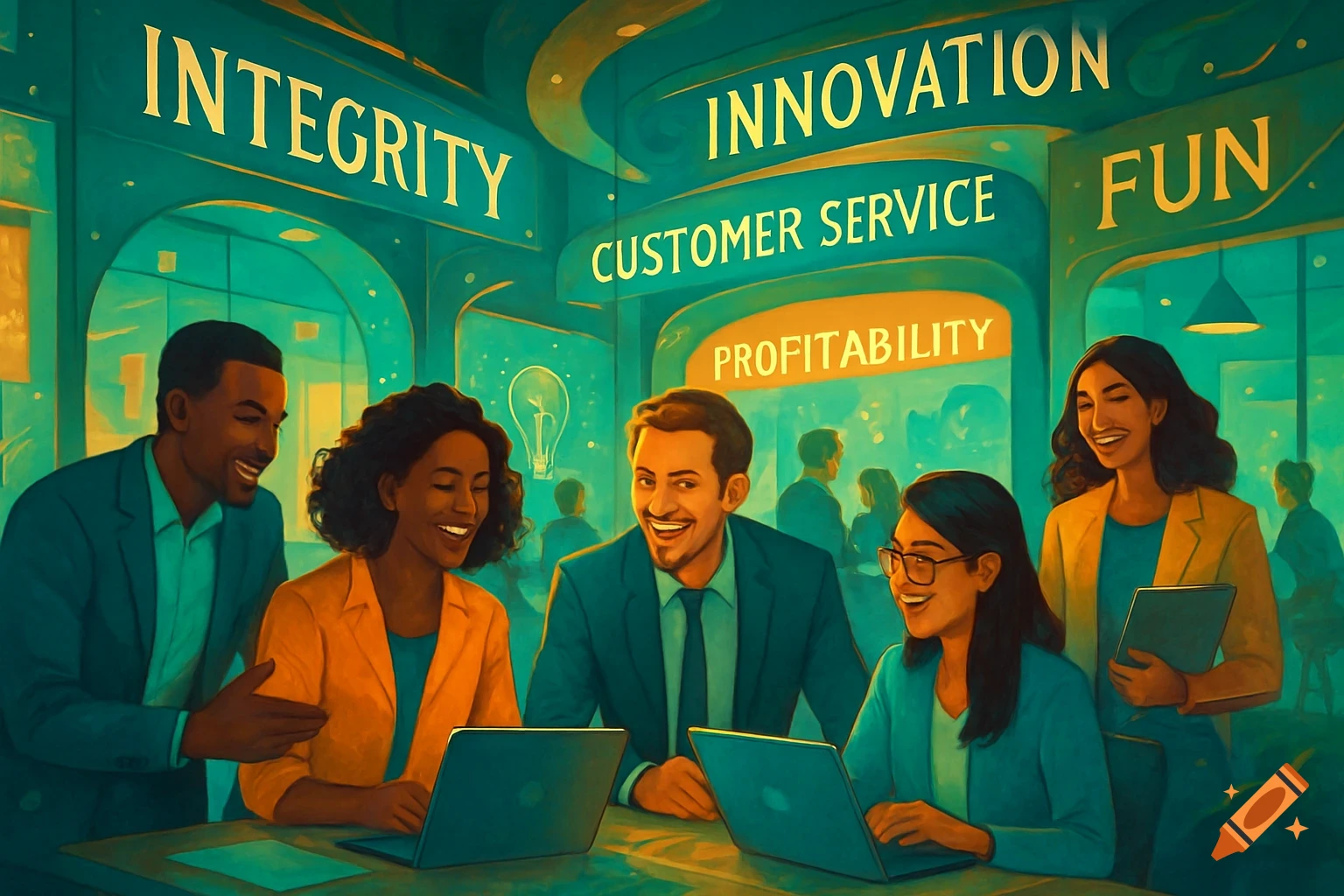An illustration of a diverse team of smiling business professionals working together, with corporate values like "INTEGRITY" and "INNOVATION" displayed on the walls.