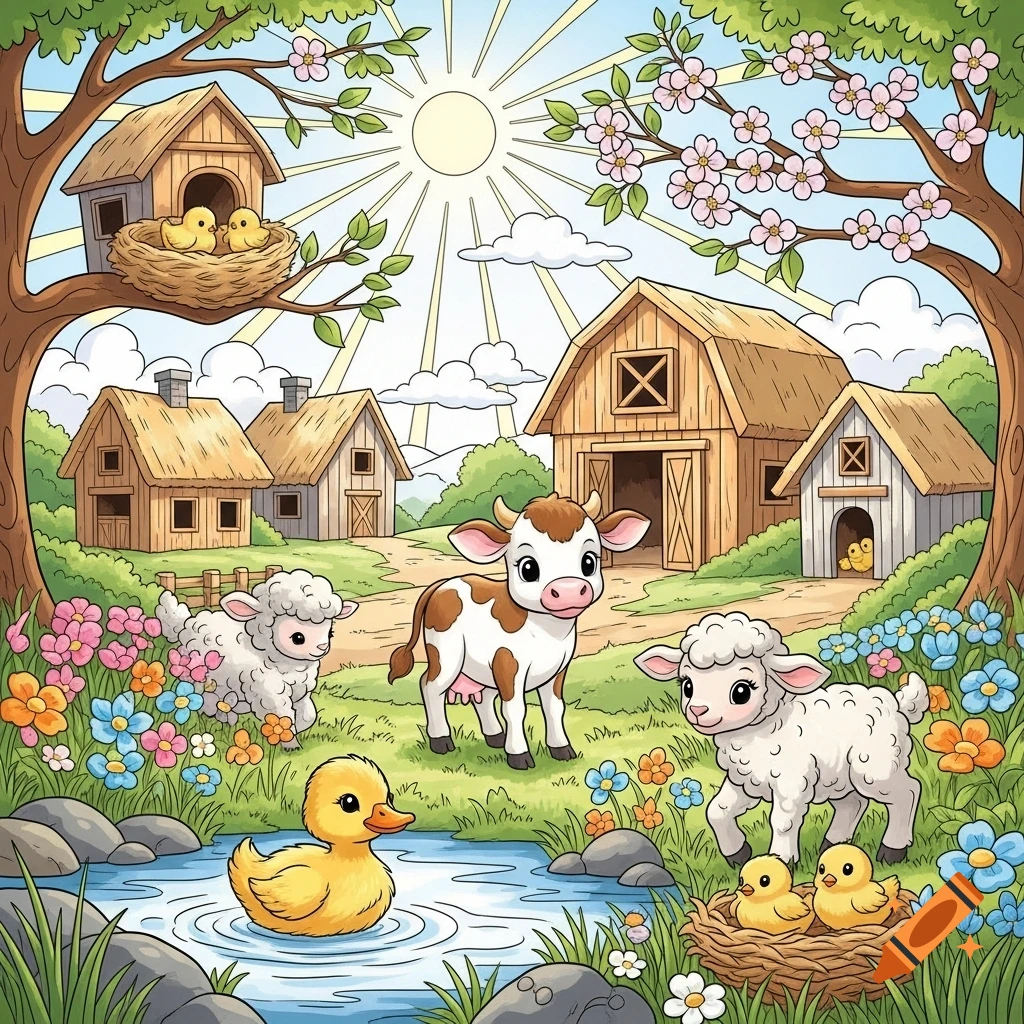 Cartoon coloring page of a spring farm scene with a calf, lambs, duck, and chicks near a pond, barns, and flowering trees.