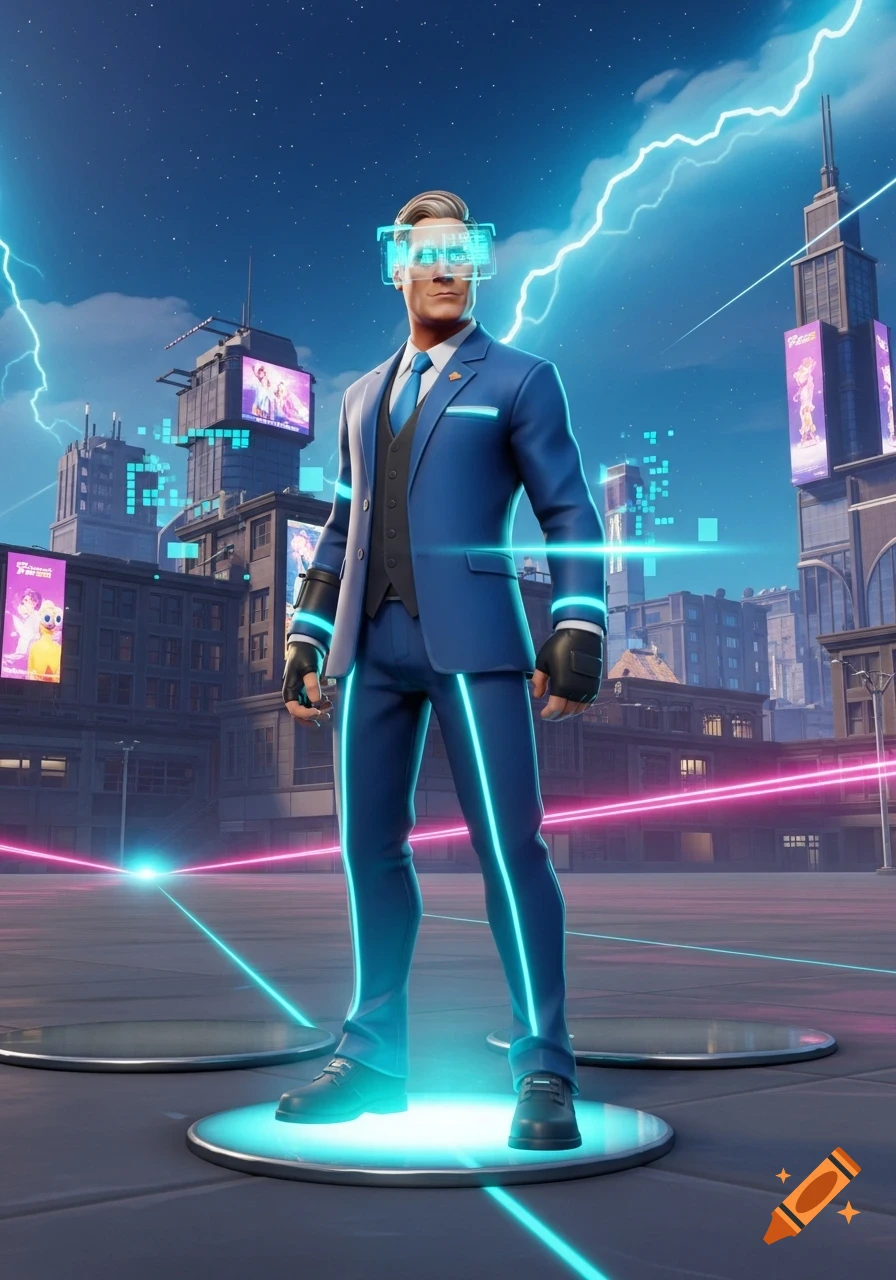 A man in a blue suit with glowing neon lines and a VR visor stands on a lit platform in a futuristic city with lightning and digital elements.