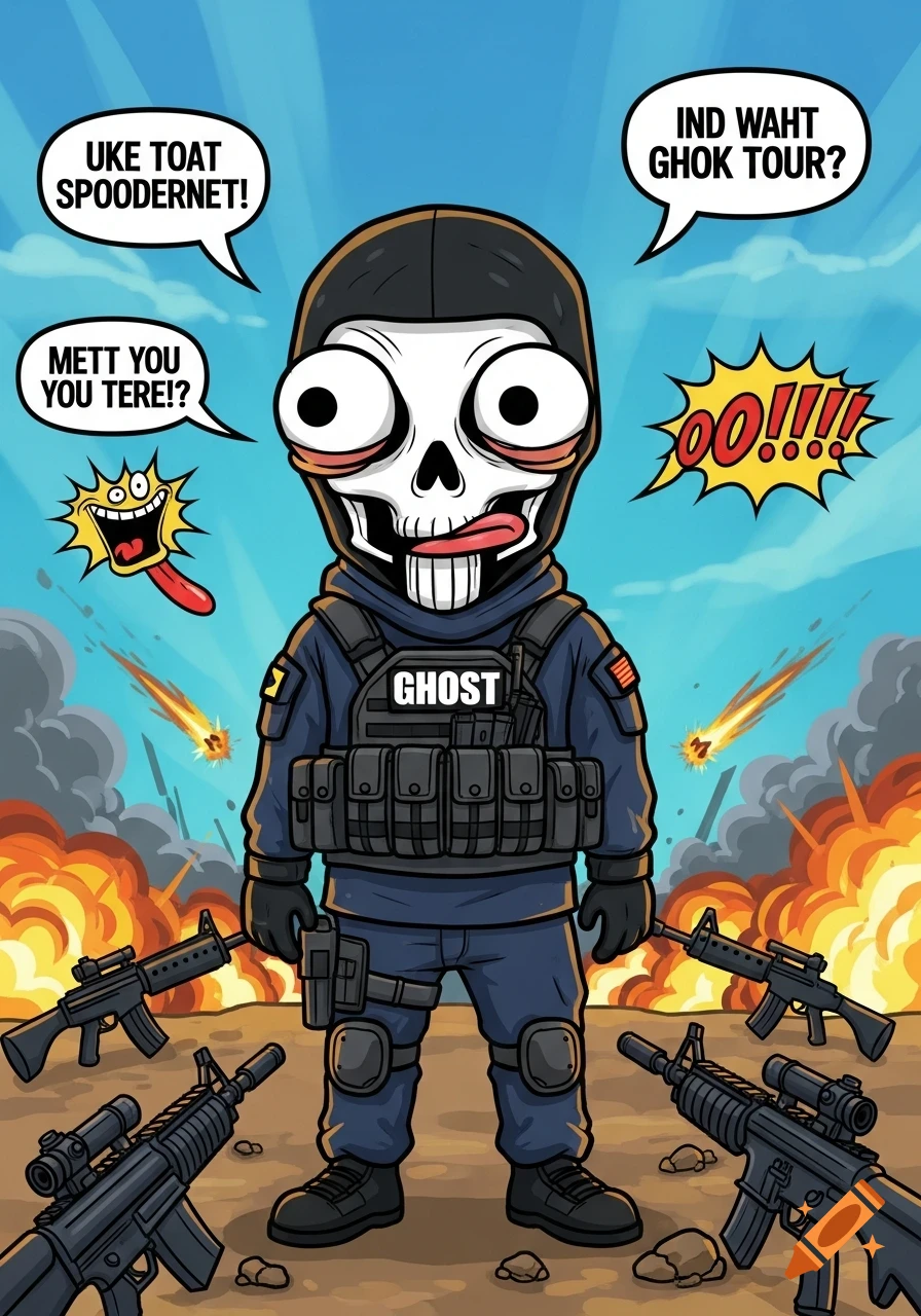 A chibi-style Ghost from Call of Duty in tactical gear with a skull mask, featuring oversized eyes and tongue sticking out, surrounded by guns and explosions. Nonsensical text bubbles are present, in the style of the 'Spooderman' meme.