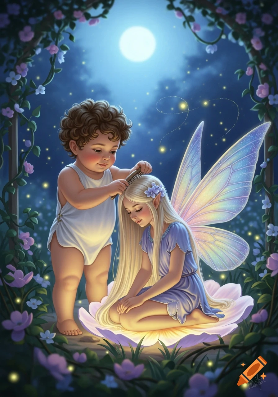 A cute putto combs the long blonde hair of a fairy with iridescent wings, illuminated by moonlight in a magical garden illustration.