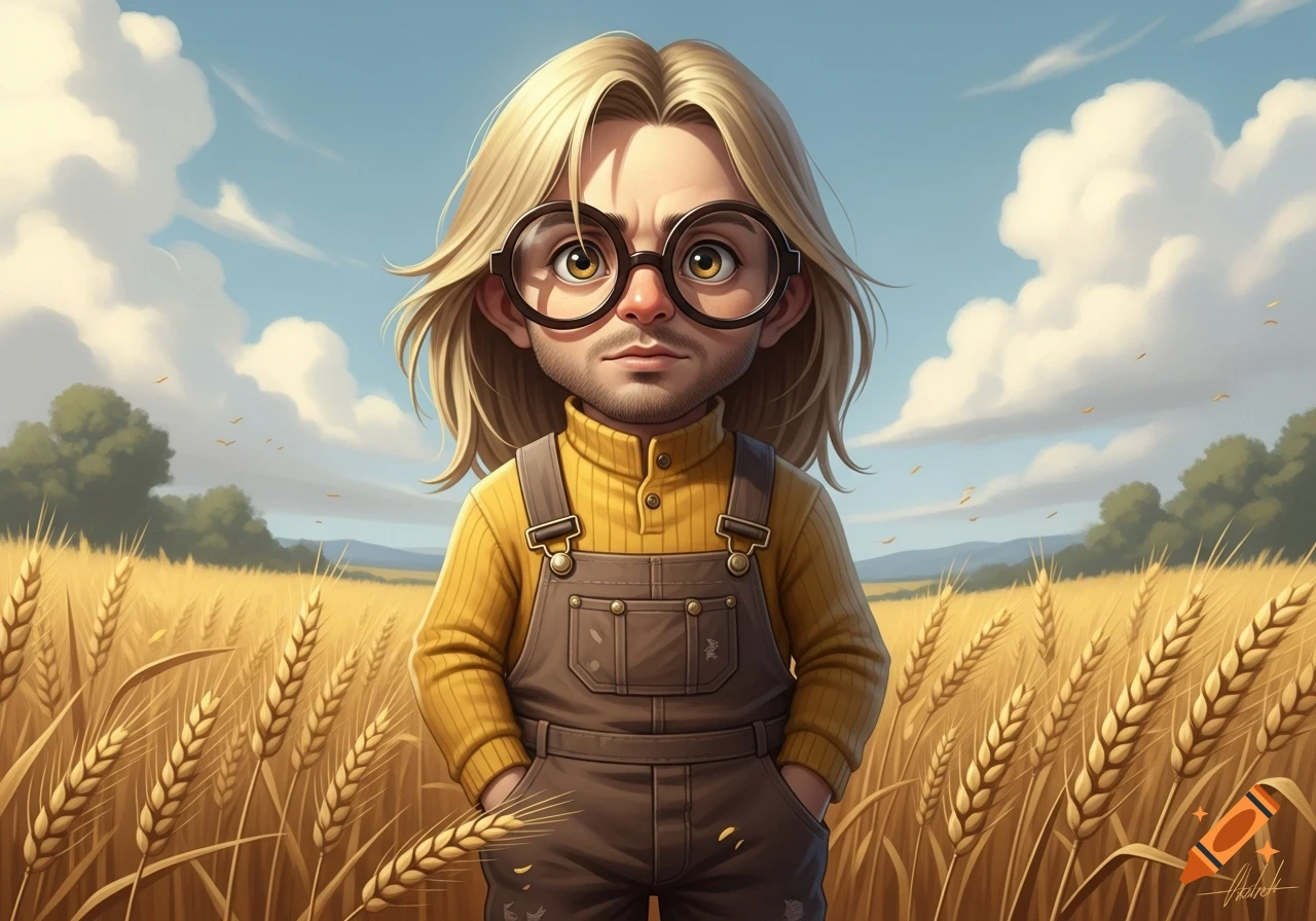 A cartoonish man with blonde hair, thick round glasses, a yellow sweater, and brown overalls stands in a golden wheat field under a blue sky.