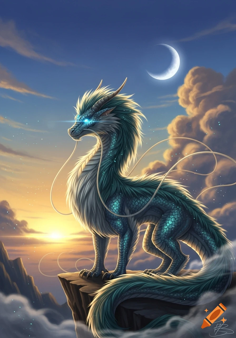 A teal and white furry dragon with glowing blue eyes stands on a mountain cliff at sunset, with clouds and a crescent moon. Digital fantasy art.