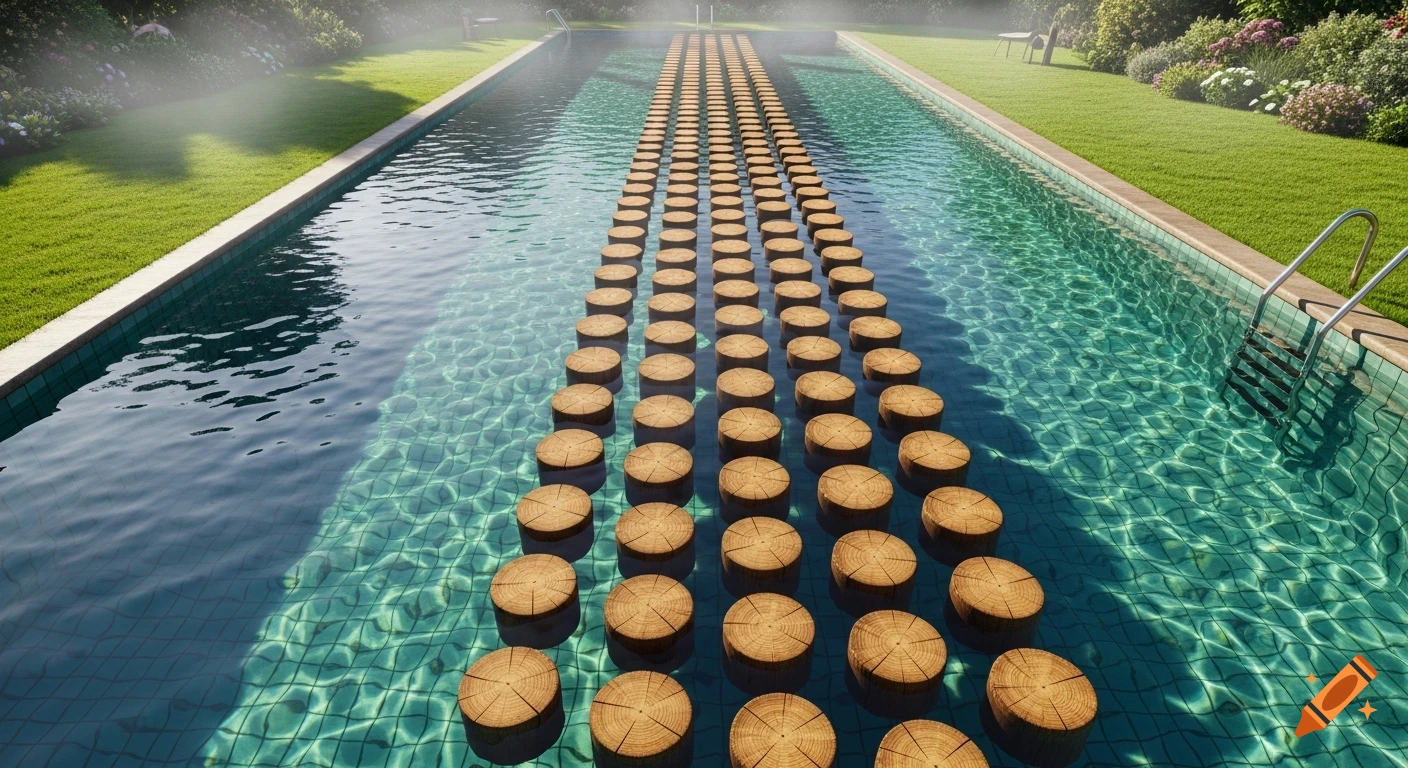 A photorealistic long swimming pool with a path of wooden log stepping stones across its length, surrounded by green grass and lush gardens.
