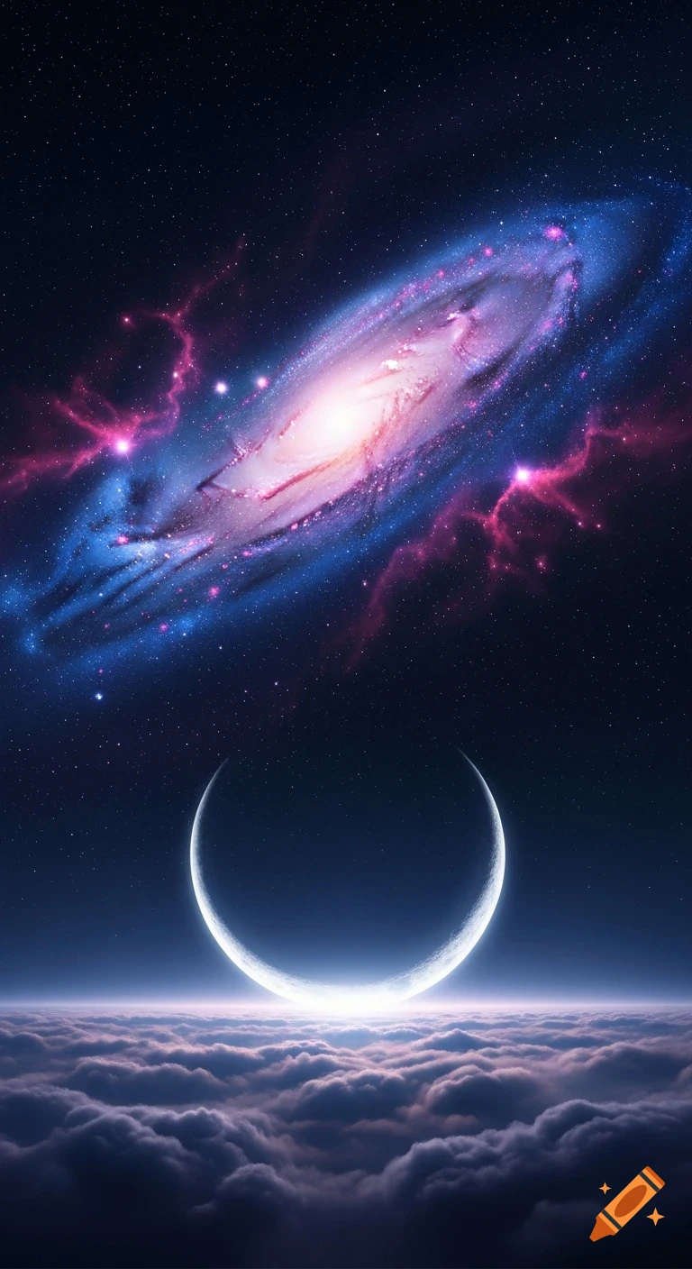 A crescent moon glows above a layer of clouds, with a vibrant blue and pink spiral galaxy and stars in the dark night sky.