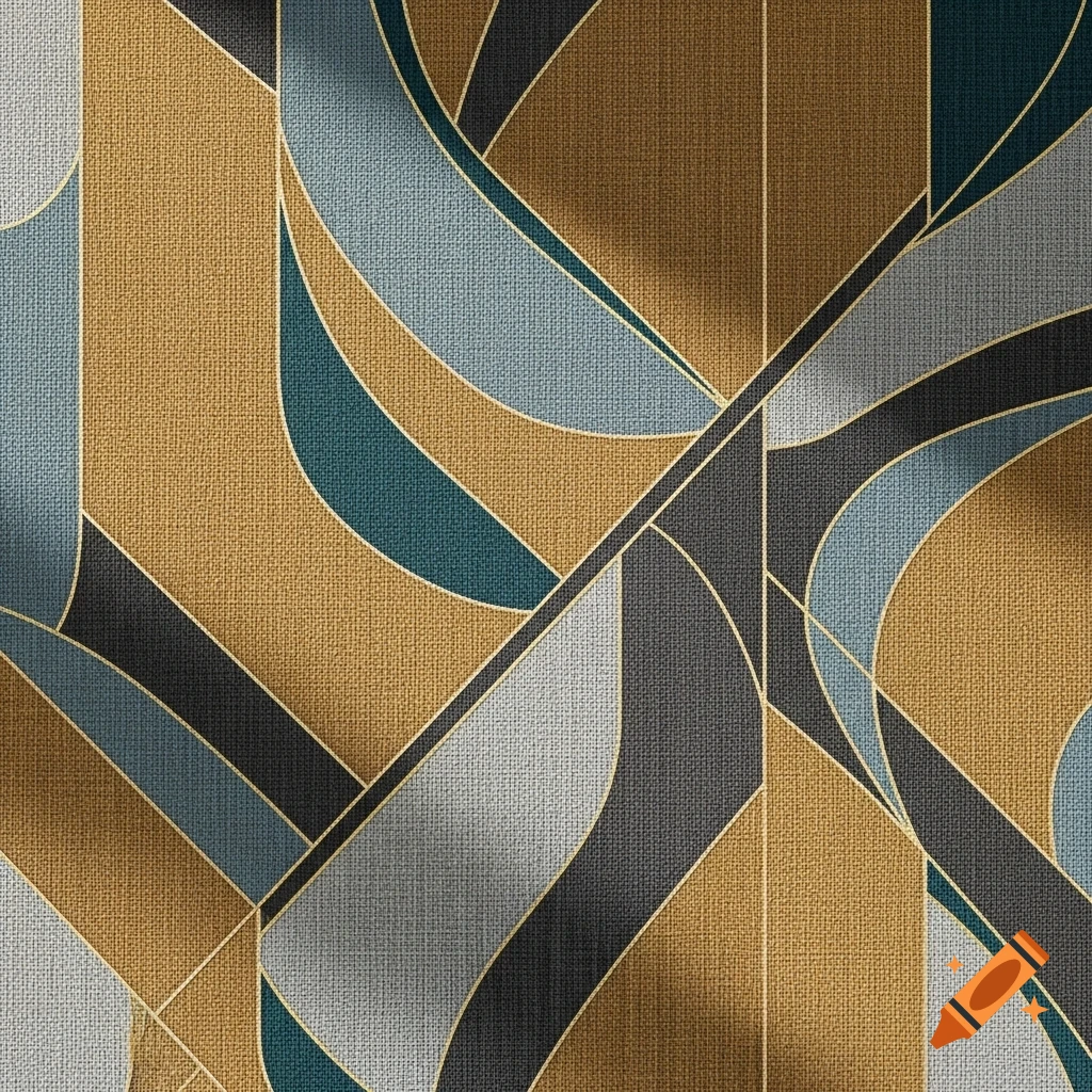 An abstract geometric pattern with gold, blue, teal, gray, and brown shapes with a woven fabric texture.