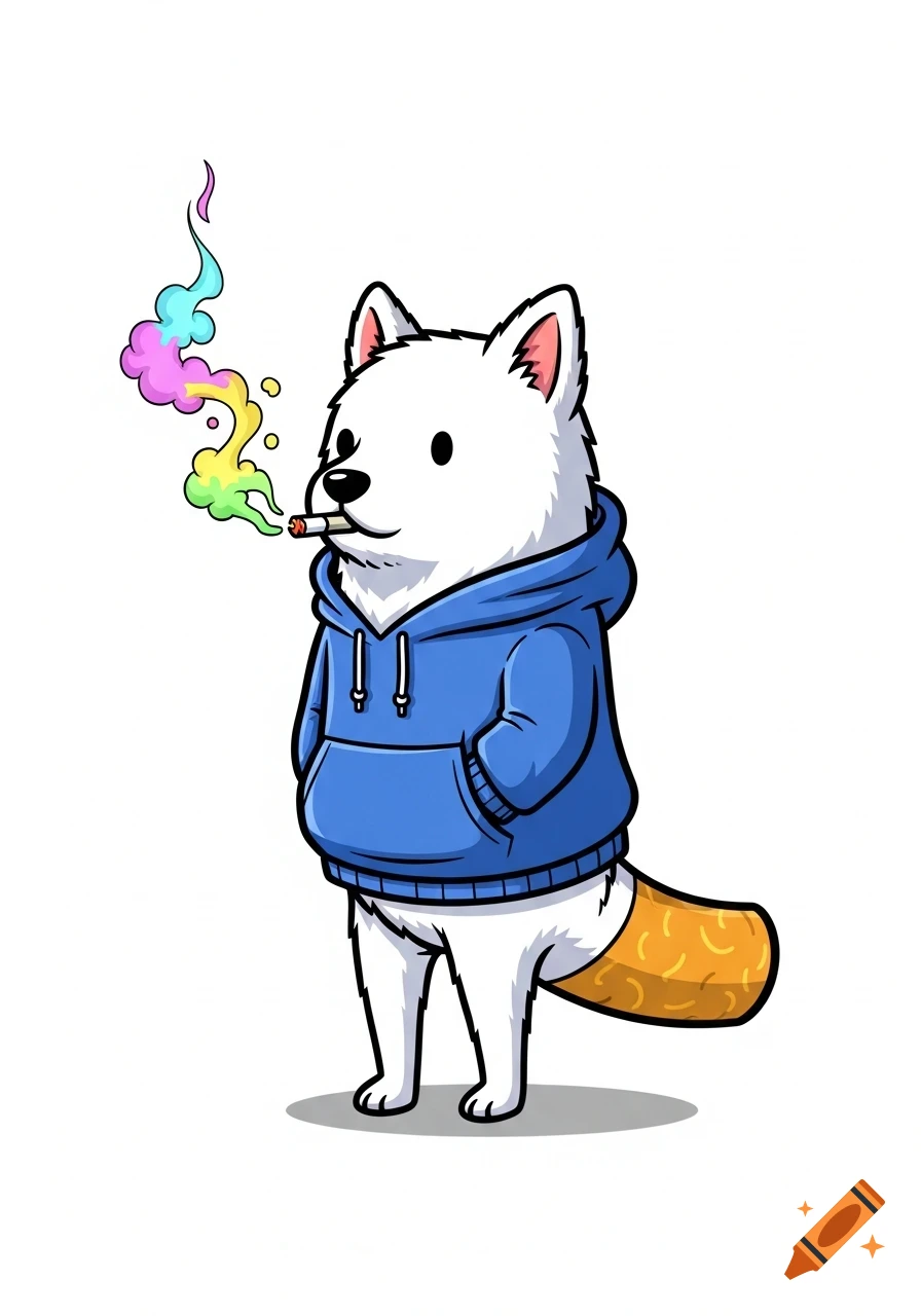 Cartoon of a cute white dog in a blue hoodie, smoking a vape with rainbow smoke, with a cigarette-shaped tail.