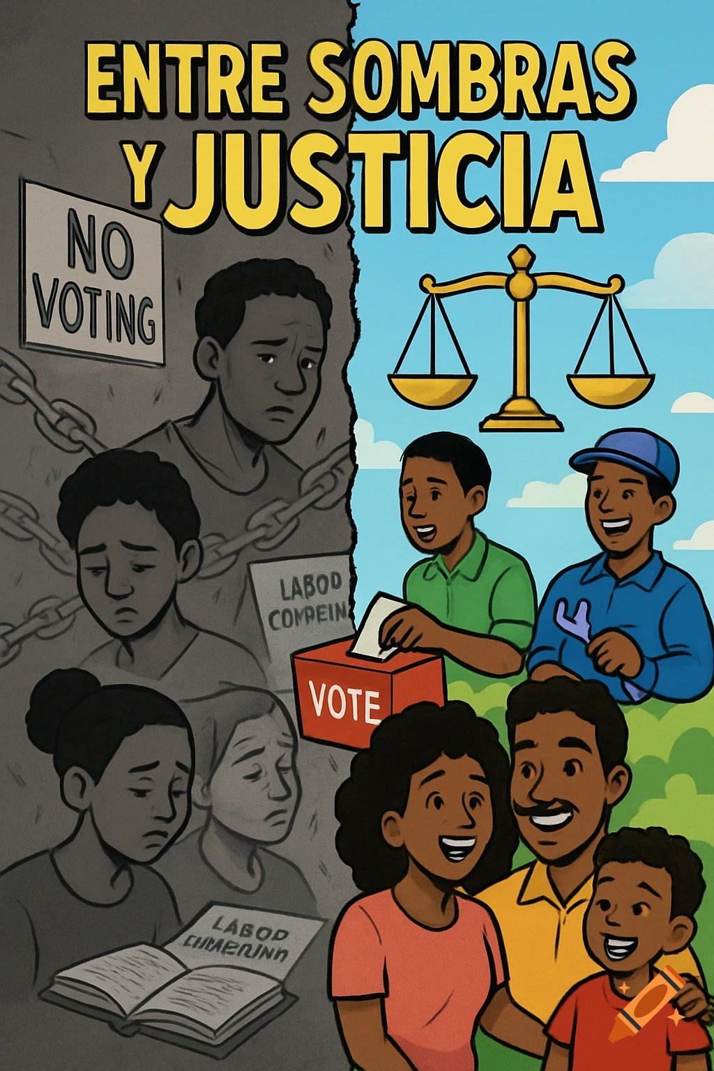 A cartoon illustration split in half. The left is grayscale with sad, chained people and text 'NO VOTING' and 'LABOD COMPEIN'. The right is colorful with happy people voting, working, and a family, under a balance scale.