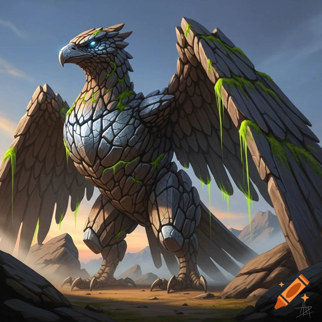A majestic, imposing fantasy creature resembling a bird, made of jagged rocks with glowing blue eyes and green moss, stands in a desolate rocky landscape.