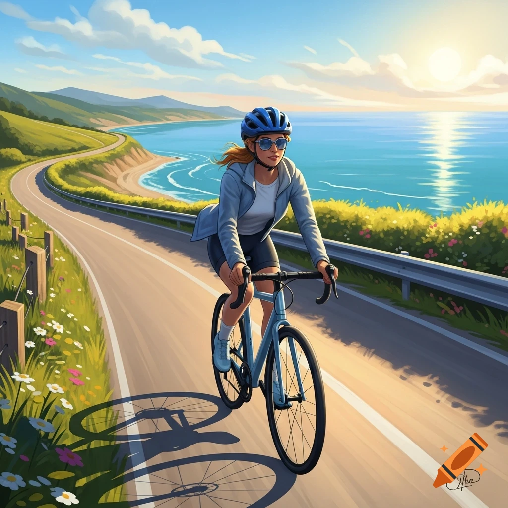 A woman in a blue helmet cycles a light blue road bike on a scenic coastal road with the ocean and green hills under a bright sun.
