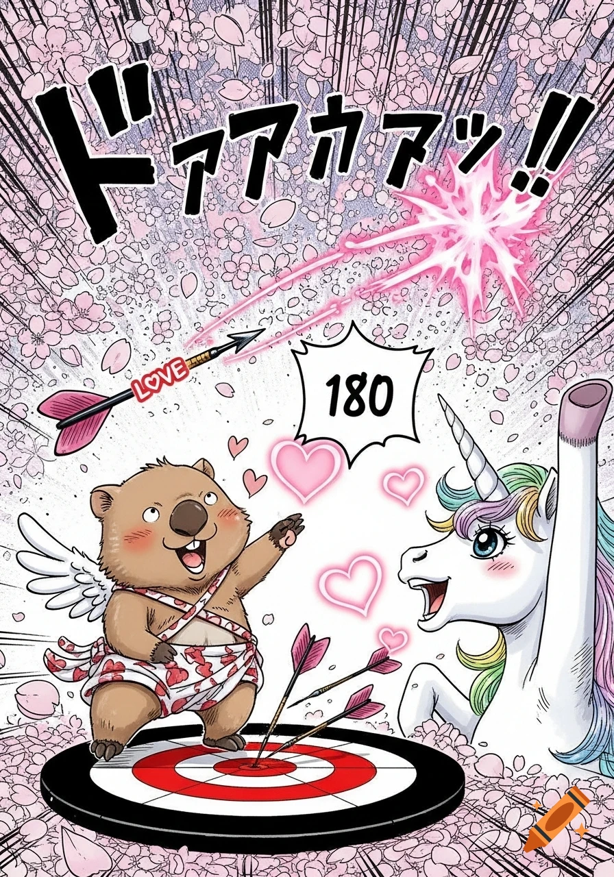 A cupid-wombat hits a 180 dart, making a unicorn cheer as love arrows and pink petals fill the scene, in a manga style.