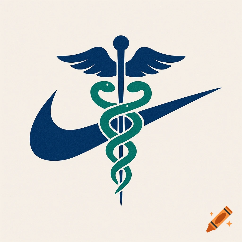 A blue Nike swoosh logo combined with a green and blue winged caduceus medical symbol on an off-white background.