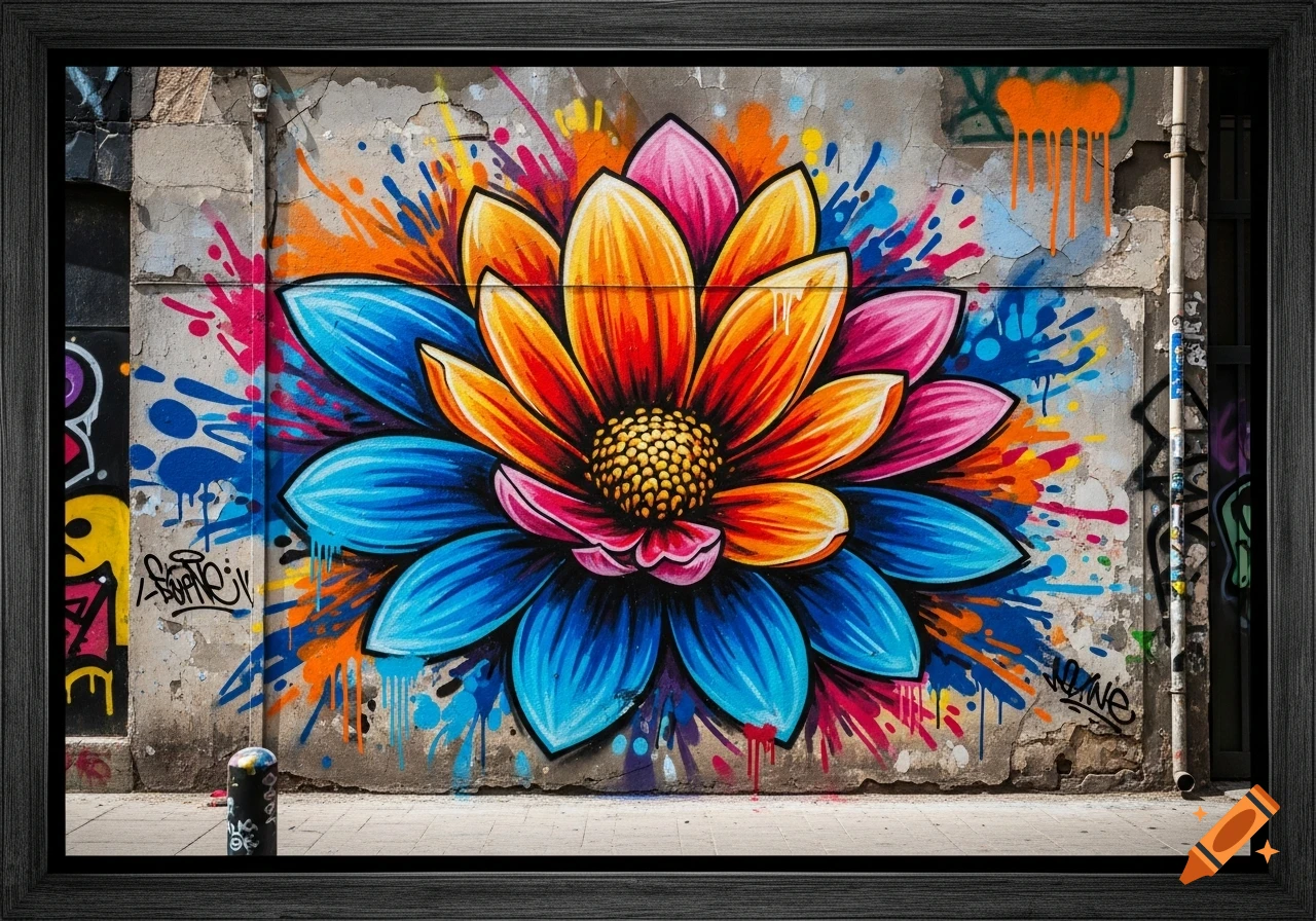 Vibrant, stylized flower graffiti with blue, orange, and pink petals painted on a weathered concrete wall with paint splatters.