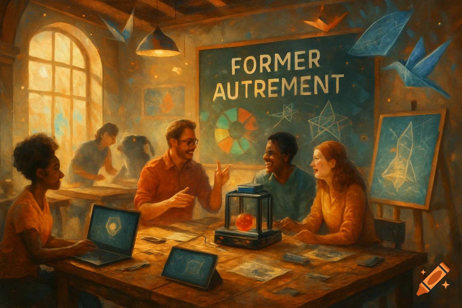 Painterly scene of diverse people in a classroom with 'FORMER AUTREMENT' on a blackboard, glowing tech devices.