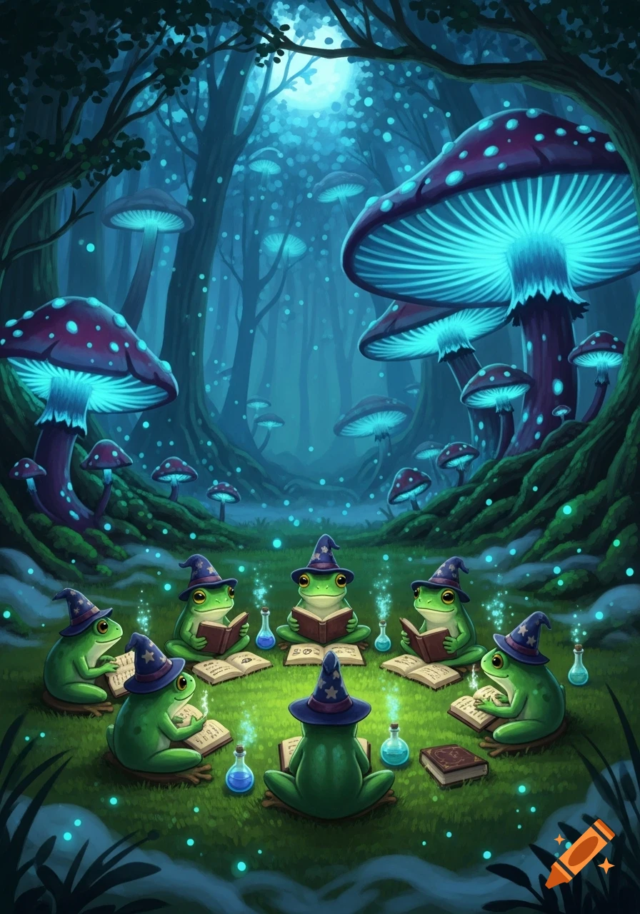 Cartoon frogs in wizard hats read magic books surrounded by glowing blue mushrooms in a mystical forest.