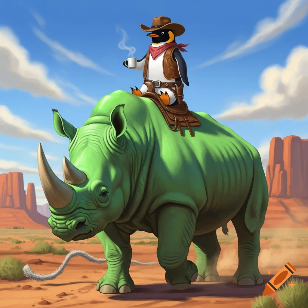 A cartoon cowboy penguin sips coffee while riding a large green rhino through a wild west desert landscape with mesas under a blue sky.