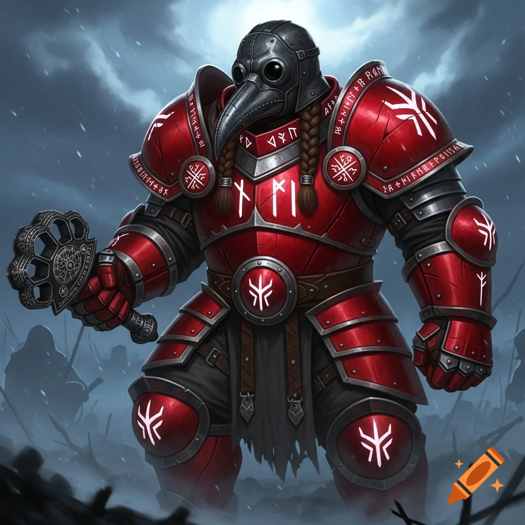 A dwarf in blood-red plate armor and a plague doctor mask holds a large mace amidst a snowy, stormy landscape.
