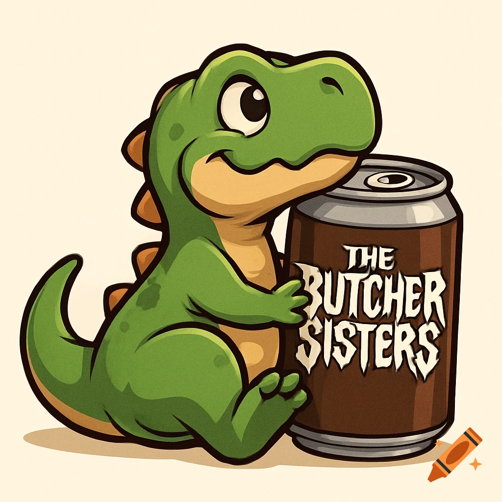 A cute green cartoon T-Rex dinosaur sits, lovingly hugging an oversized brown beer can labeled "THE BUTCHER SISTERS".