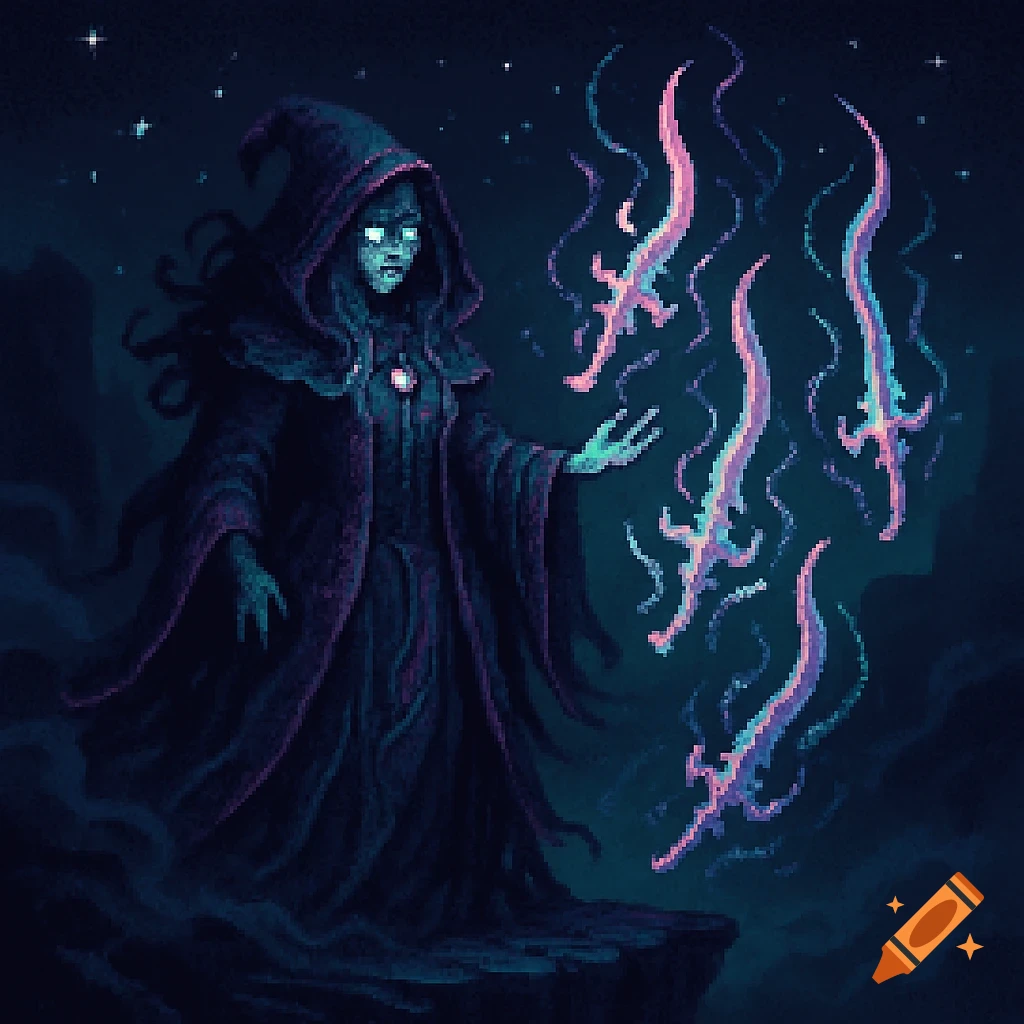 Pixel art of a dark cloaked witch with glowing eyes conjuring multiple pink and blue ethereal swords against a starry, dark background.