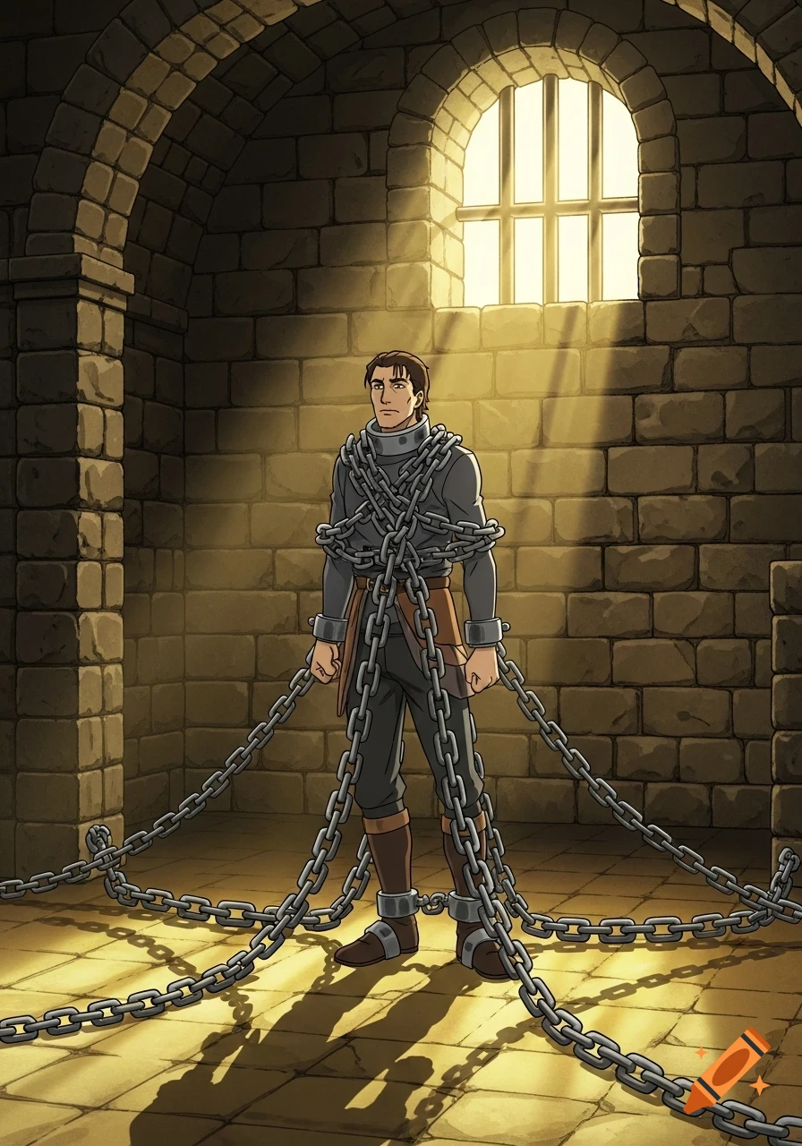 Cartoon man heavily chained in a brightly lit dungeon, sunlight streaming from a barred window.