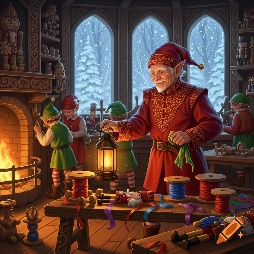 An old head elf with a lantern and young elves work in a cozy, detailed Christmas toy workshop with snow outside arched windows.