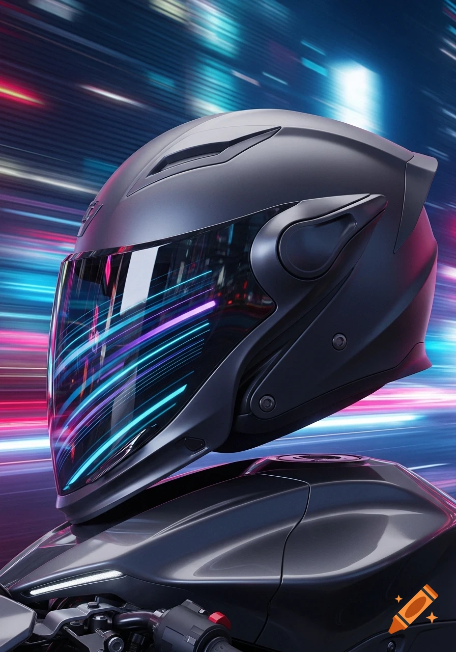 A sleek black motorcycle helmet with vibrant blue and pink neon reflections on its visor, on a motorcycle with a blurred background.