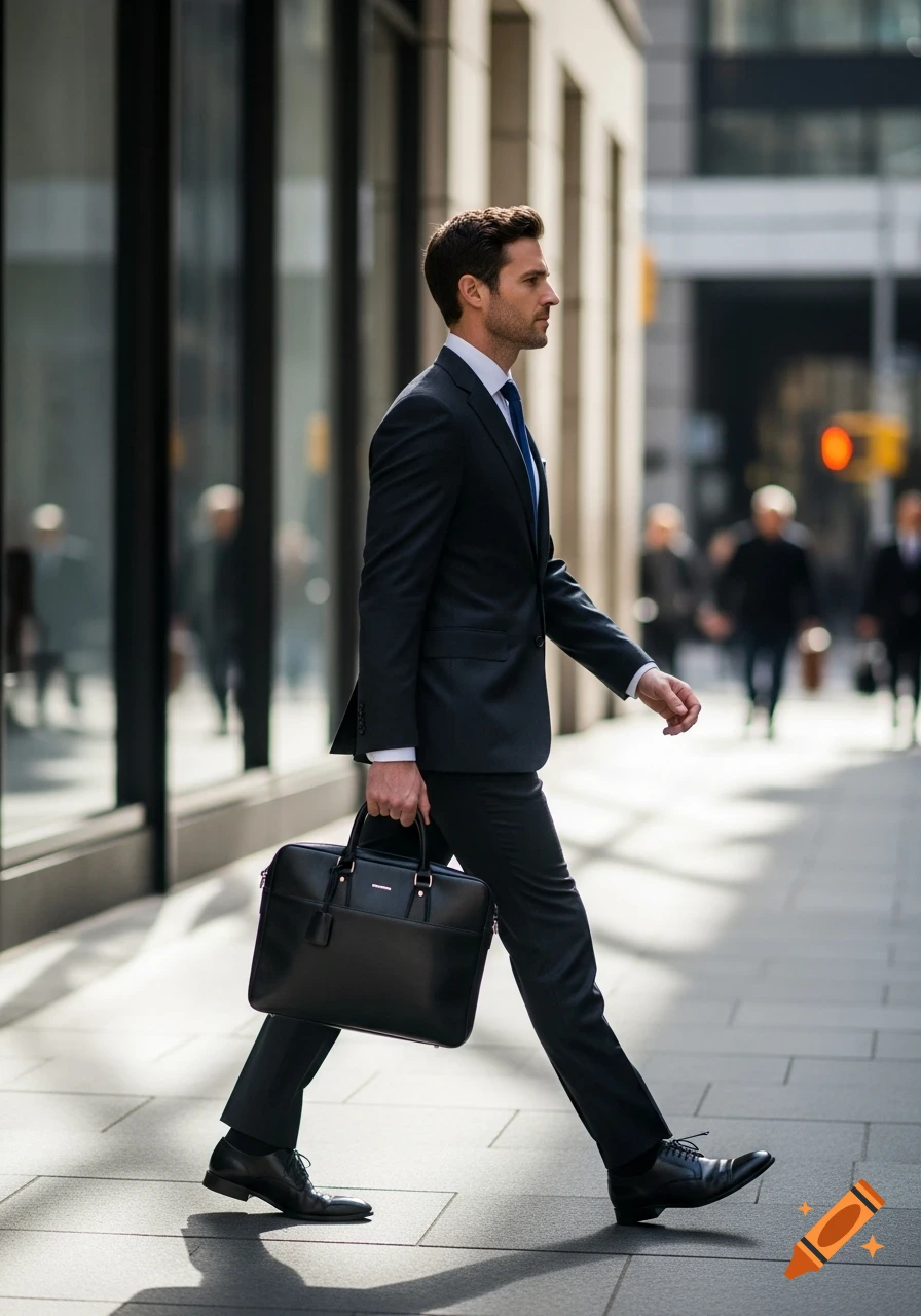 A well-dressed man in a dark suit and blue tie walks sideways on a ...